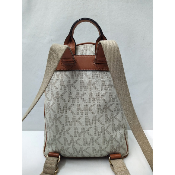 Michael Kors Ivory Leather Studded MK Printed Top Handle Zipper Backpack